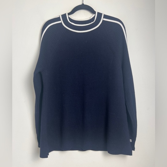 T By Talbots Large Cotton Coolmax Indigo Blue & White Tipped Mockneck Sweater - Picture 2 of 9